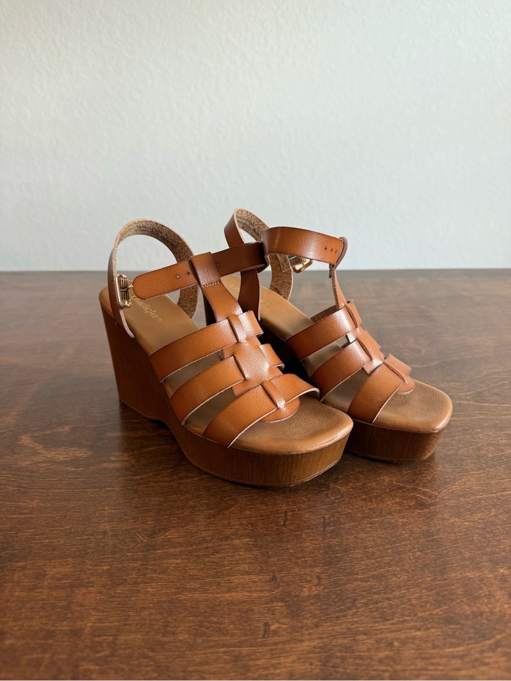Limelight Tan Brown Leather Platform Wedge Sandals